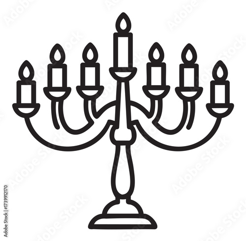 Black outline icon of a classic candelabra with seven candles, designed in a simple and elegant linear style for decor and interior design themes.