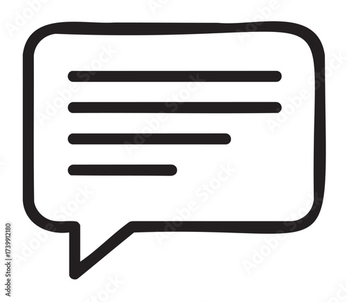 Simple black outline icon of a speech bubble with three horizontal lines representing text. minimal design for communication and messaging concepts.