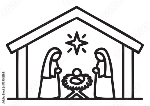 Black outline drawing of a nativity scene featuring mary, joseph, and baby jesus in a manger under a stable with a guiding star above.