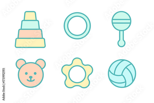 Cute collection of baby toys including stacking pyramid, rattle, teddy bear, and ball
