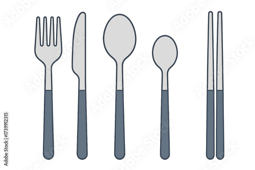 Collection of modern dining utensils set including fork knife spoons and chopsticks