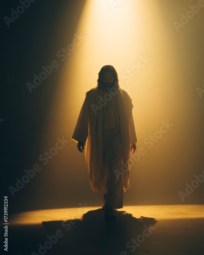 Spiritual depiction of Jesus from the waist up with negative space.