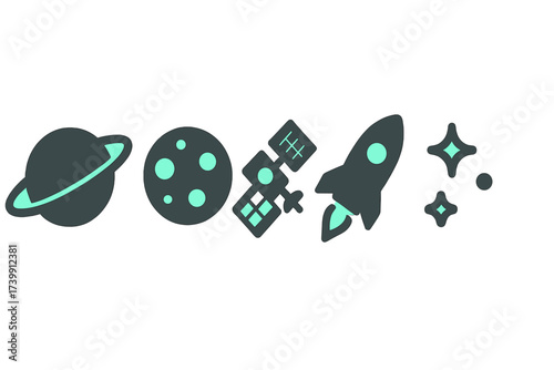 Set of cosmic symbols featuring Saturn, Moon, communication satellite, and launching rocket