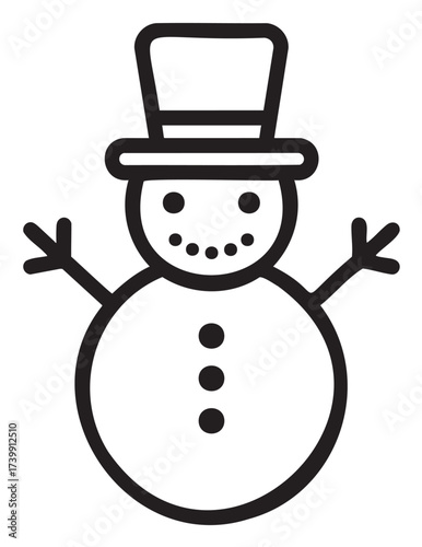 Black outline vector icon of a simple snowman with a top hat and stick arms, featuring a smiling face and three buttons.