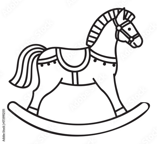 Black outline vector icon of a classic wooden rocking horse, featuring detailed saddle and mane design.
