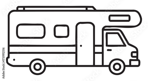 Black outline of a recreational vehicle with a side door and windows, ideal for travel and camping themes.