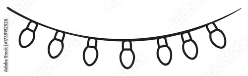 Black outline vector icon of a string of simple holiday lights with evenly spaced bulb shapes hanging in a gentle arc.