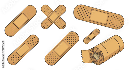 Set of medical adhesive bandages and plaster tape roll.