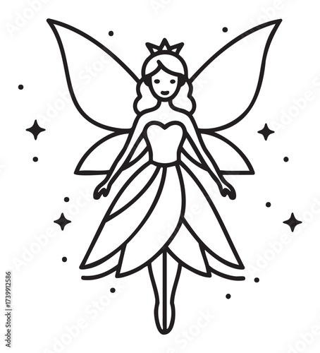 Simple black outline illustration of a fairy with wings and a crown, surrounded by small stars, wearing a petal-shaped dress.
