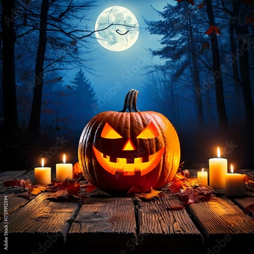 Eerie Halloween Pumpkin and Candles at Night