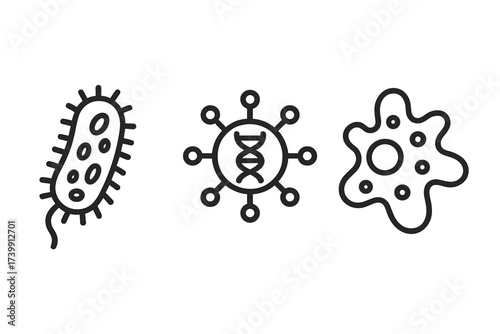 Outline icons of microscopic organisms: bacteria, virus structure, and amoeba cell shapes