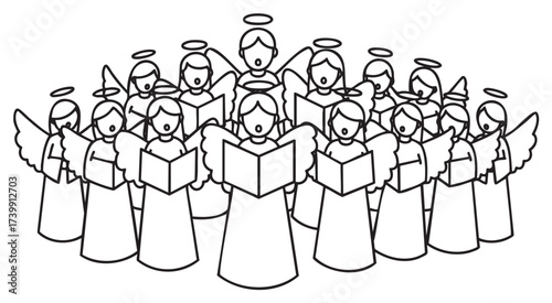 A group of cartoon angels with halos singing, each holding a book, arranged in multiple rows, depicting a choir performance.