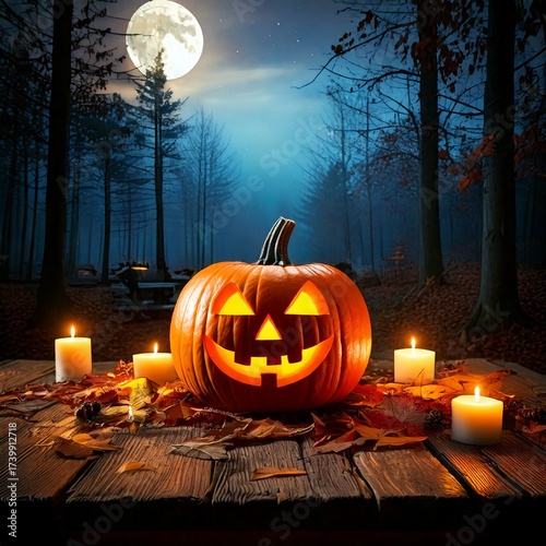 Spooky Halloween Jack-o'-lantern in a forest