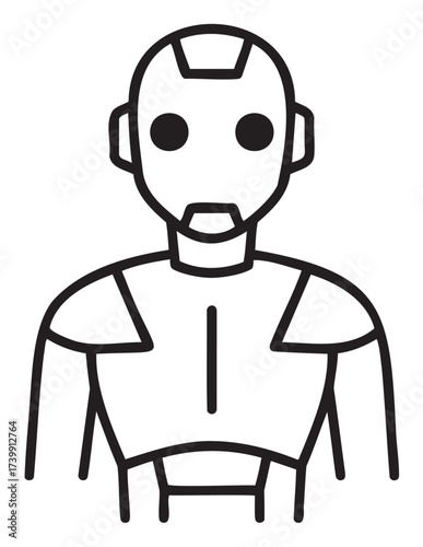Black outline icon of a humanoid robot with a simple triangular head and geometric body shapes, often used to represent technology and artificial intelligence.