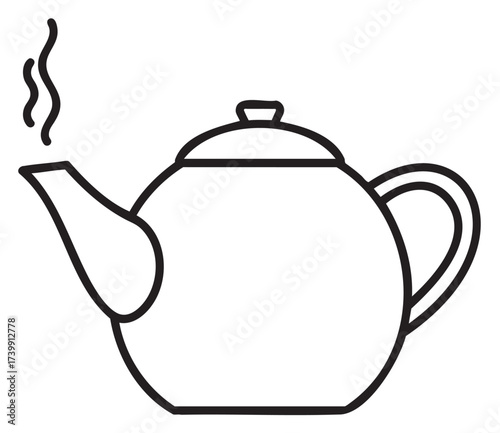 Black outline of a classic teapot with a curved spout and lid, emitting steam, representing tea time and beverage concepts.