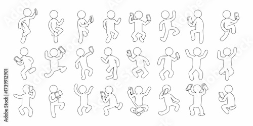 Collection of simple line art figures in various dynamic poses using smartphones and mobile devices