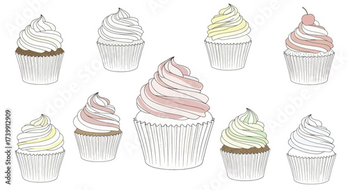 Set of various delicious illustrated cupcakes with colorful frosting.