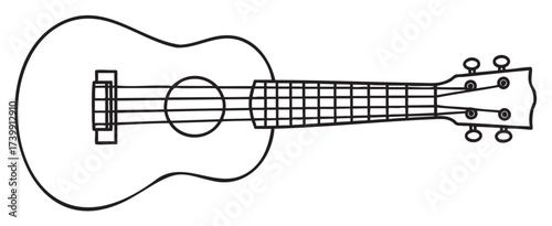 Black outline vector icon of a simple acoustic guitar with six strings and tuning pegs, depicted in a minimal linear style.