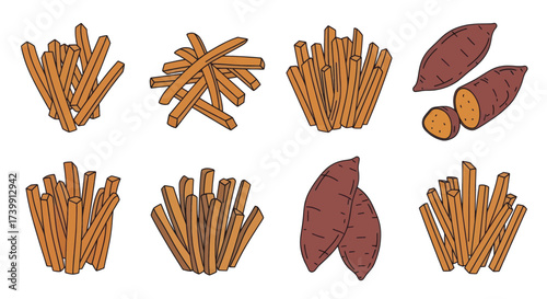 Sweet potato fries and whole sweet potatoes vector illustration set.