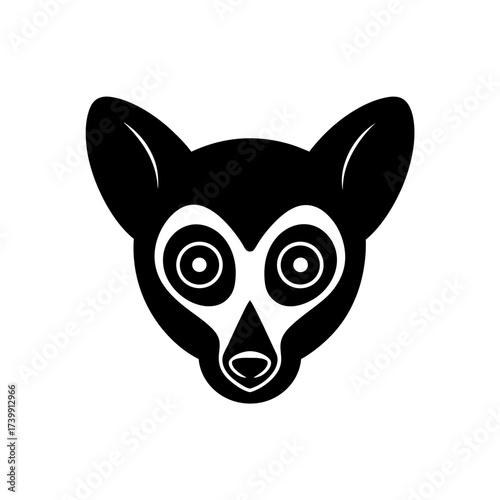 Stylized lemur face in black and white art on transparent background silhouette