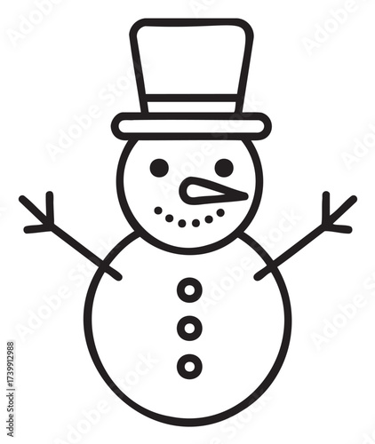 Black outline drawing of a classic snowman with a hat, carrot nose, and button eyes, featuring a simple and minimal winter design.