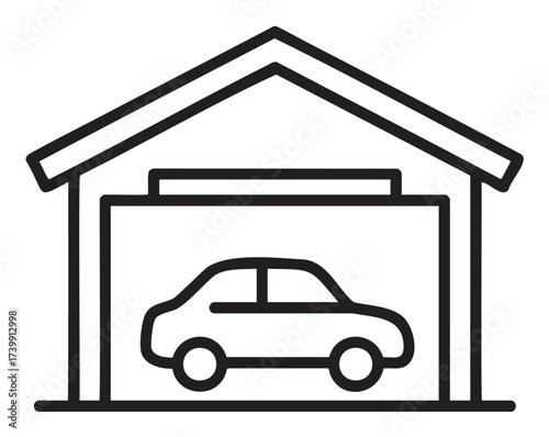 Black outline icon of a small car parked inside a simple gable-roof garage. minimal design for automotive and home storage concepts.