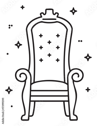 Intricate black outline drawing of a high-backed ornate armchair with decorative elements, surrounded by small stars, symbolizing elegance and luxury.