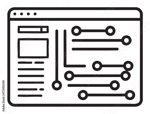 Black outline vector icon of a web interface with interconnected lines and nodes representing a digital network on a browser window.