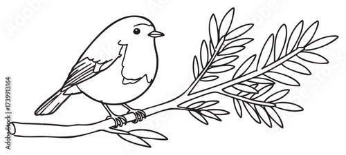 Black outline drawing of a small bird perched on a leafy branch, featuring simple details for educational or decorative purposes.