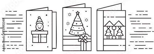 Three black and outlined holiday greeting cards featuring festive designs including a gift box with a smiling face, a decorated christmas tree, and abstract geometric trees.