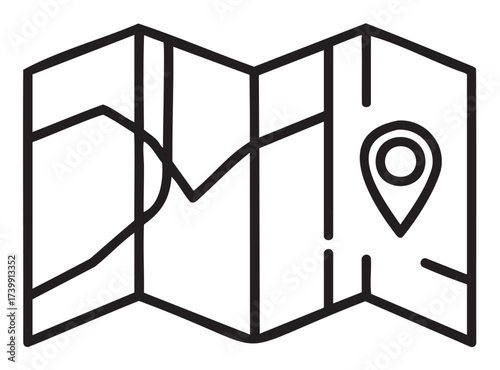 Black outline icon of a simple folded paper map with a location pin, representing navigation and travel concepts.