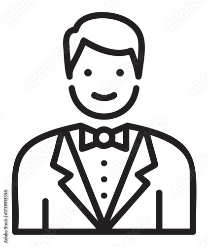 Black outline icon of a smiling male in a tuxedo with a bow tie, depicted in a minimalistic linear style.