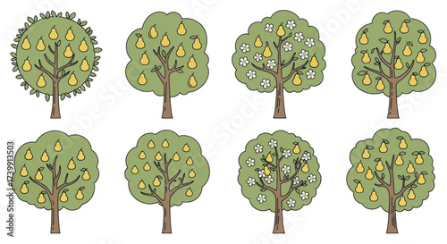 A collection of cute doodle style pear trees with yellow pears and white blossoms.