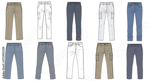Set of Mens Trousers Fashion Flat Sketches Collection of Pants Jeans and Cargo Pants in Various Colors Technical Drawing for Apparel Design.