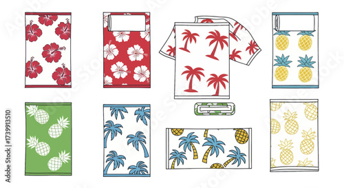 Set of tropical beach towels and Hawaiian shirt illustration.