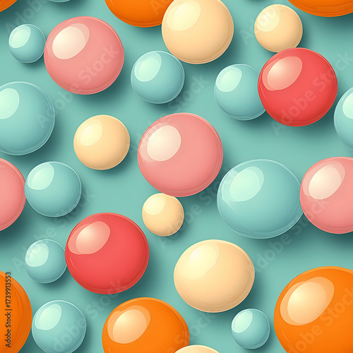 Vibrant pastel bubbles create a seamless pattern, floating gracefully against a soothing turquoise background.