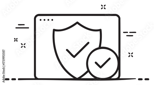 Black outline icon of a computer screen with a shield and check marks, symbolizing online security and data protection.