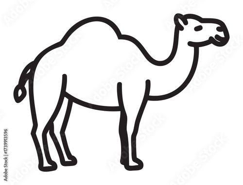 Black outline vector icon of a simple camel with one hump, commonly known as a dromedary. minimal linear design for desert, wildlife, and nature concepts.