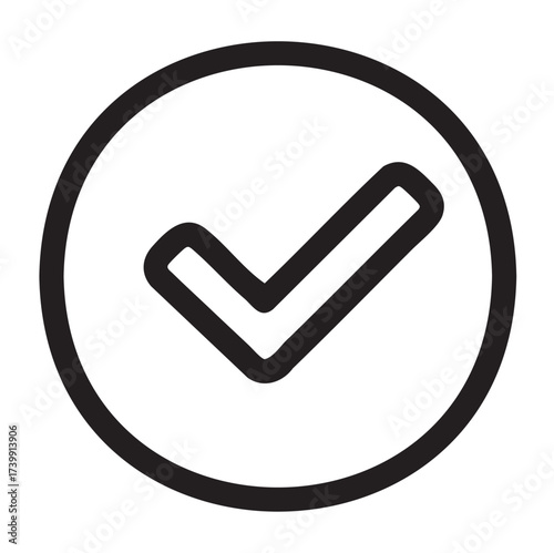 Bold black checkmark symbol housed within a circular border, representing approval, success, or completion.