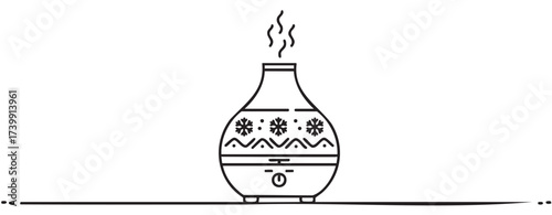 Black outline vector icon of a decorative essential oil diffuser with a pattern and steam rising from the top.