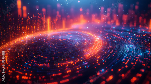 A vibrant digital vortex spirals into infinity amidst a futuristic cityscape of light.