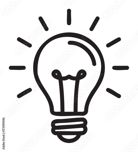Black outline vector icon of a simple light bulb with rays emanating, symbolizing creativity and ideas.