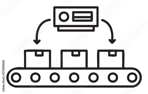 Black outline vector icon of a conveyor belt with boxes and a control panel, illustrating automation in industrial and manufacturing processes.