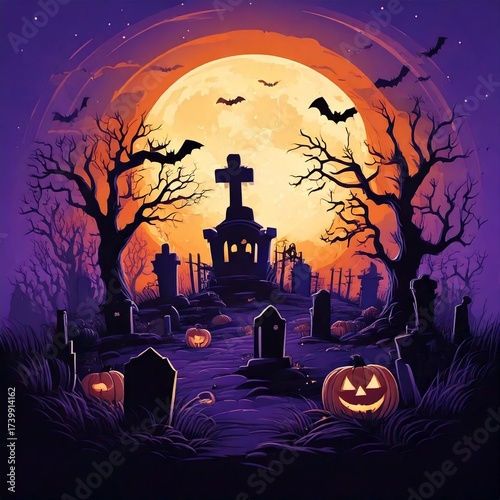 Moonlit Graveyard with Glowing Jack-o'-Lanterns
