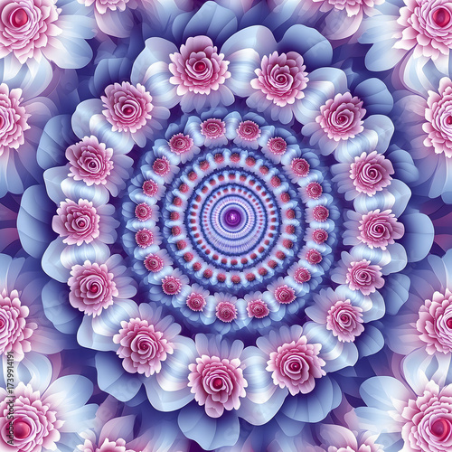 Infinite petals of delicate flowers spiral gracefully into a mesmerizing fractal pattern.