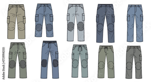 Set of Mens Cargo Pants Technical Fashion Flat Sketch.