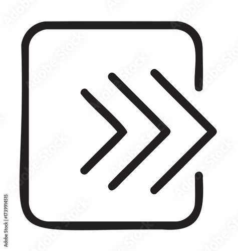Bold black outline icon of three rightward arrows within a rounded rectangular border, signifying movement or direction.