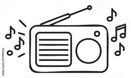 Simple black outline drawing of a retro radio with an extended antenna and musical notes, symbolizing sound and music.