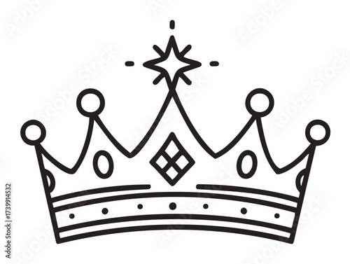 Black outline vector icon of a simple royal crown with decorative star and geometric patterns, suitable for royalty, luxury, and regal concepts.
