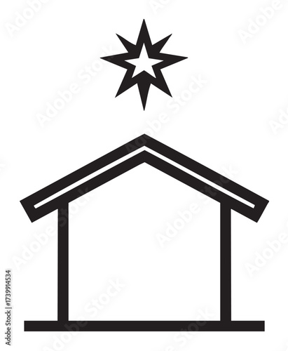 Black outline of a simple nativity scene with a stable topped by a star. minimal design for holiday and christian themes.